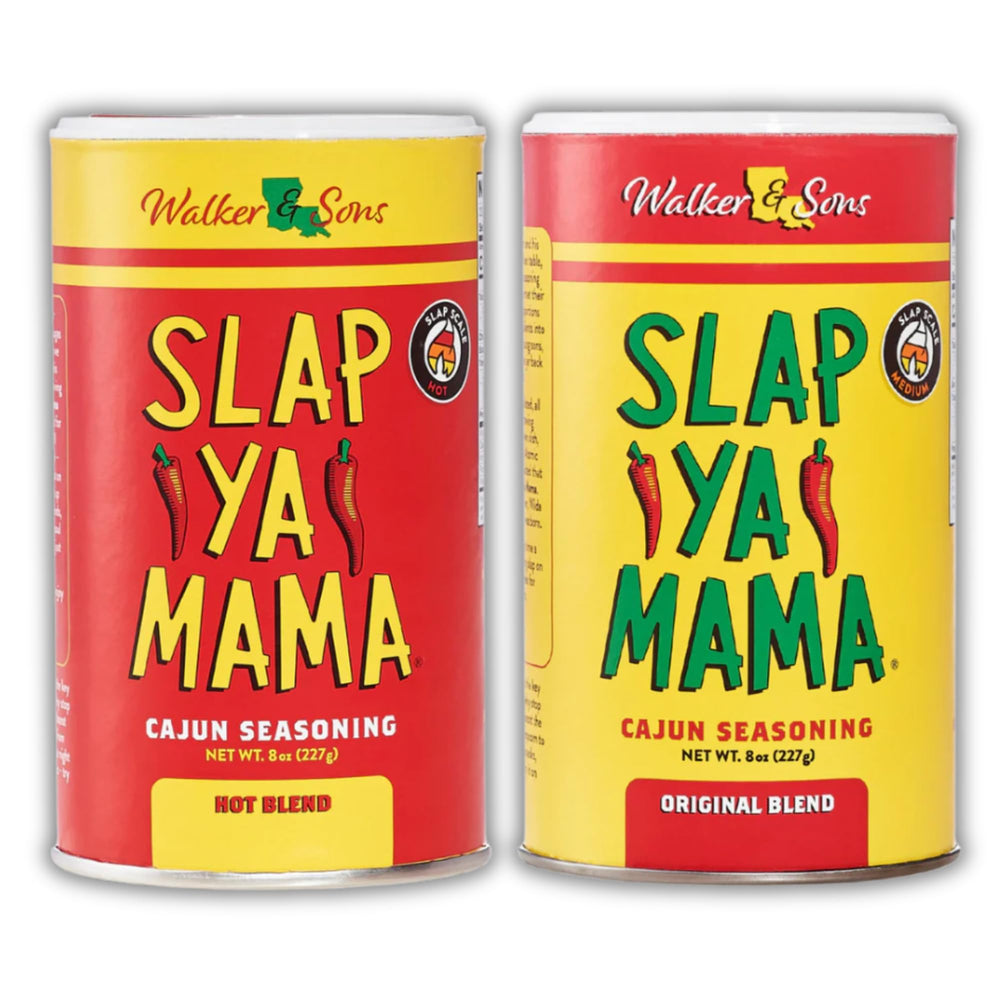 SLAP YA MAMA front packaging showing both 8 oz tins and clear assortment benefit