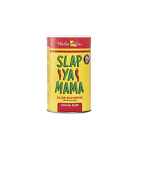 SLAP YA MAMA seasoning can top view revealing shaker holes and texture for controlled sprinkling