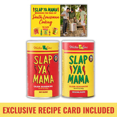SLAP YA MAMA seasoning pouring from canister onto food with quick-use benefit