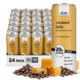 Slate can front view showing caramel latte flavor and benefits
