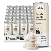 Slate front packaging showing French Vanilla can and protein benefit