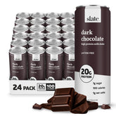 Slate front can showing dark chocolate flavor and nutrition benefits