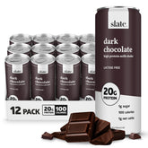 Slate front can showing dark chocolate label and protein highlight