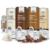 Slate milk front packaging showing four flavor cans and clear nutrition benefits