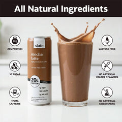 Slate label close-up highlighting 20g protein and 175mg caffeine benefits