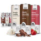 Slate milk front packaging showing the 12-can Neapolitan variety pack benefits