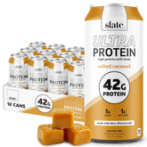 Slate front can showing salted caramel flavor and clean macros benefits