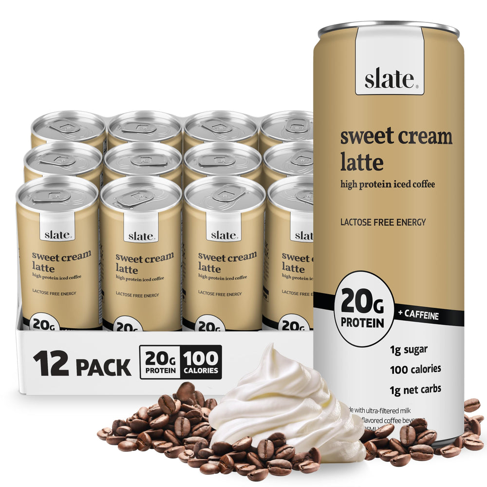 Slate Sweet Cream Latte front can showing brand and flavor, convenient high‑protein boost