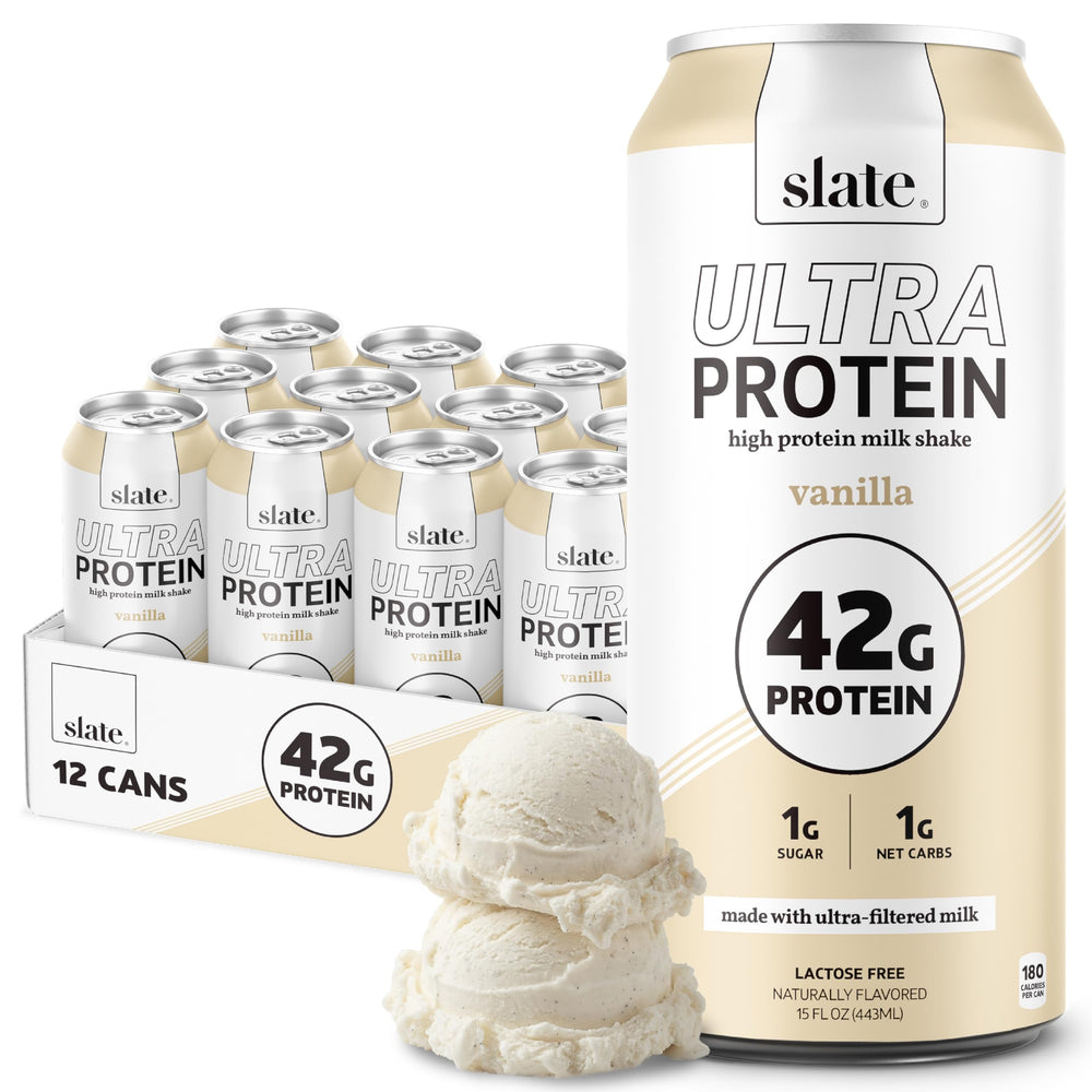 Slate Vanilla front packaging showing can and nutrition highlights for quick choice