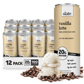 Slate vanilla latte front packaging showing can and branding with clear benefits