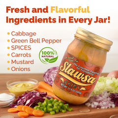 Slawsa spooned on hot dog in hand adds crisp tangy spice to meal