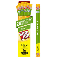 Slim Jim front packaging shows giant dill pickle flavor and convenient 24-count box