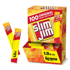 Slim Jim front packaging showing two 100-count boxes and bold branding for pantry convenience