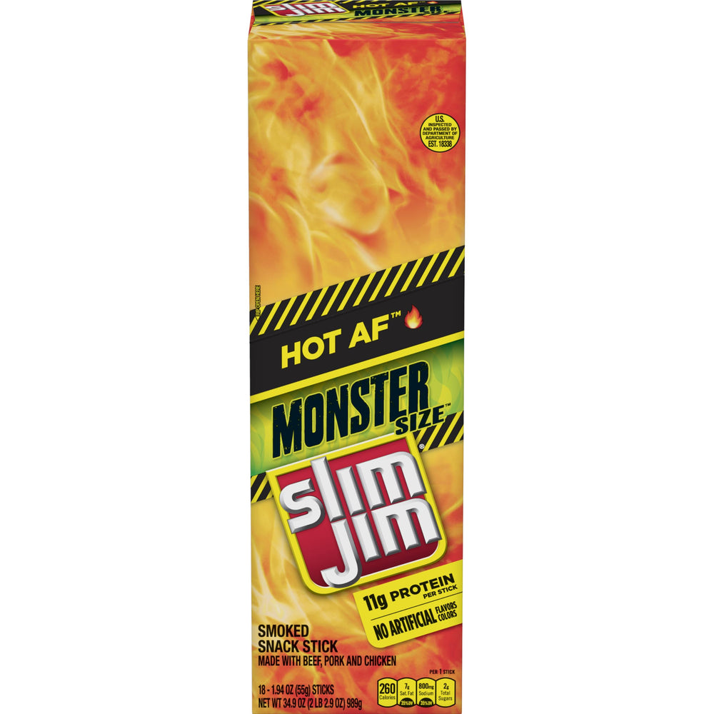 Slim Jim front packaging showing bold Hot AF branding and box benefit