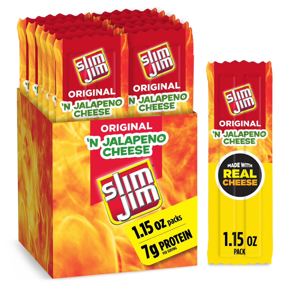 Slim Jim front packaging showing 14-count box and convenience for snacking