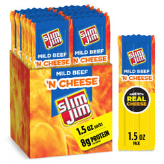 Slim Jim front packaging showing 18-count box and brand for convenient snacking