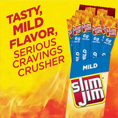 Slim Jim unwrapped stick closeup showing size and tenderness, ideal for snacking