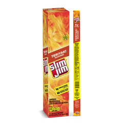 Slim Jim front box showing 24-count teriyaki sticks and packaging benefit