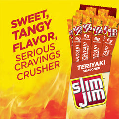 Close-up of a Slim Jim teriyaki stick texture highlighting smoky flavor benefit