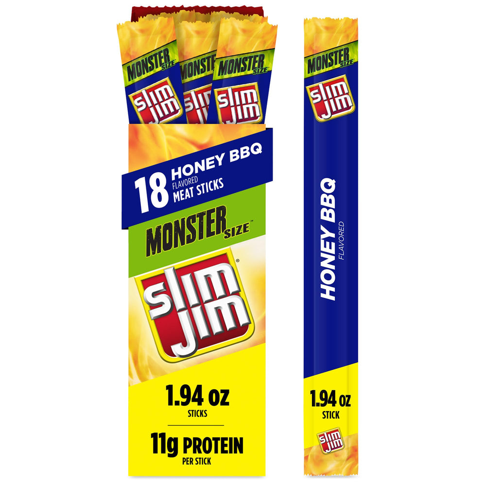 Slim Jim front packaging showing Honey BBQ flavor and count for quick selection