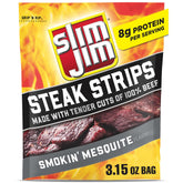Slim Jim front packaging showing Smokin' Mesquite flavor and resealable bag benefit