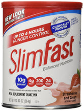 SlimFast canister front view showing strawberries and cream flavor and serving info, convenient pantry staple