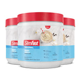 SlimFast front packaging showing French Vanilla flavor and servings benefit