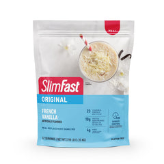 SlimFast front packaging showing product identity and servings benefit