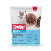 SlimFast front packaging showing product and serving count, clear benefit of convenience