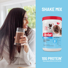 Scoop of SlimFast powder showing measured 10g protein per serving benefit