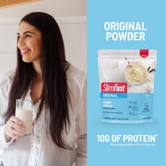 SlimFast shake with blender and milk showing quick in-home preparation