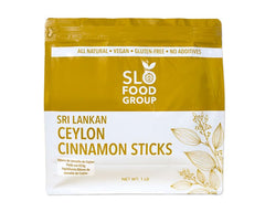 Slofoodgroup front packaging displaying 1 lb Ceylon cinnamon sticks, highlights freshness