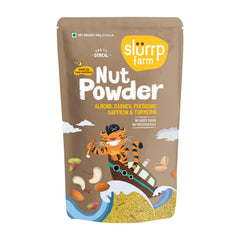Slurrp Farm front packshot showing the 100g nut powder and label benefits