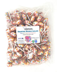 Smartie double lollies front packaging showing 2-pound wrapped bulk bag and colorful pops