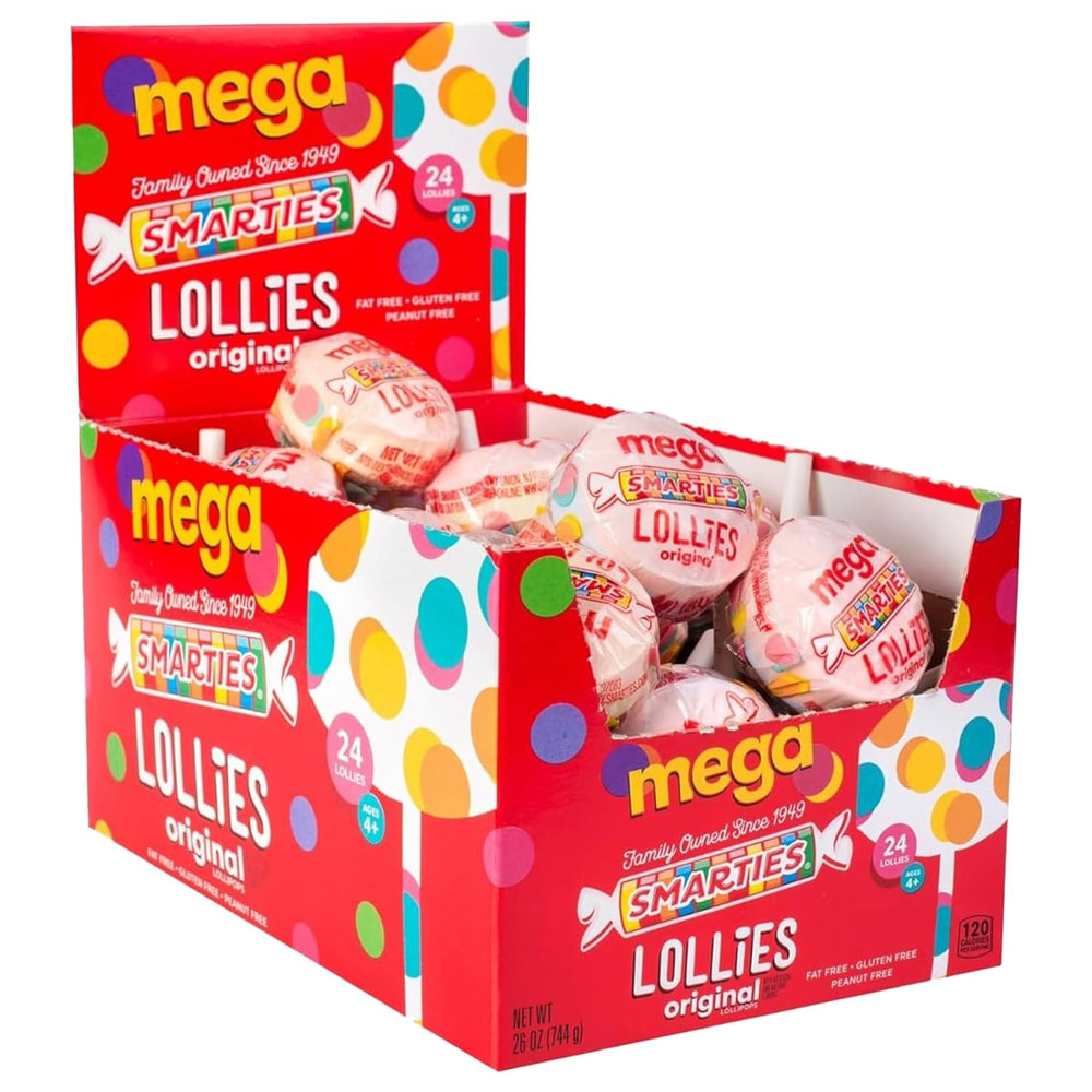 Smarties front box showing 24-count Mega double lollipops and bright packaging