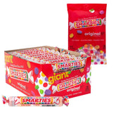 Smarties front of box showing giant rolls and quantity, brand provides shareable portions