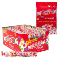 Smarties front of box showing giant rolls and quantity, brand provides shareable portions