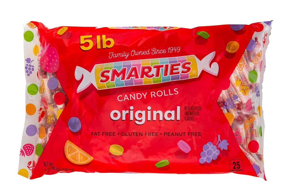 Smarties front packaging 5 lb bag showing brand and quantity for bulk use