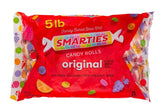 Smarties front packaging 5 lb bag showing brand and quantity for bulk use