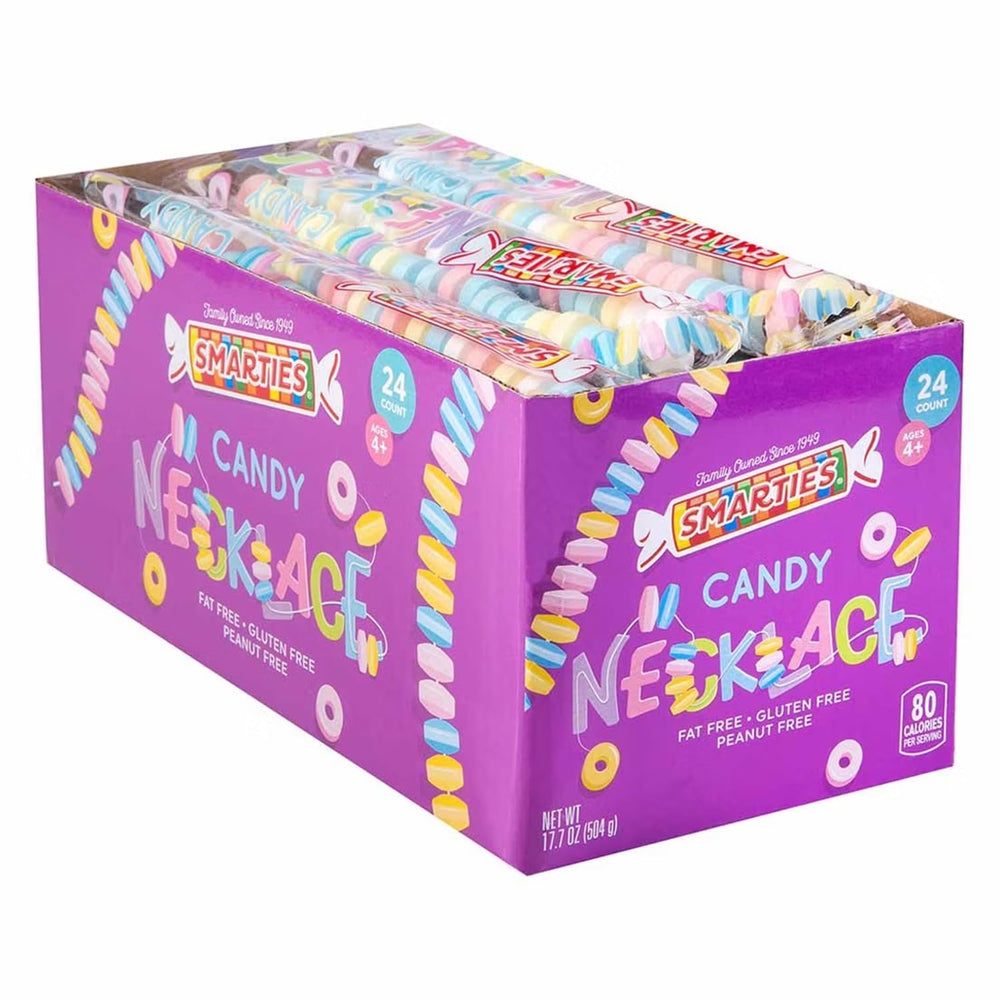 Smarties front packaging showing 24-count box and colorful necklaces for easy gifting