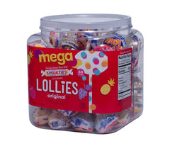 Smarties mega jar front view showing 64oz container and colorful lollipops for parties