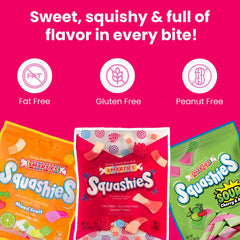 Smarties Squashies opened bag with candies spilling out showing soft texture and convenient reseal
