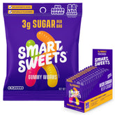 SmartSweets front packaging showing colorful low sugar gummy worms and branding benefit