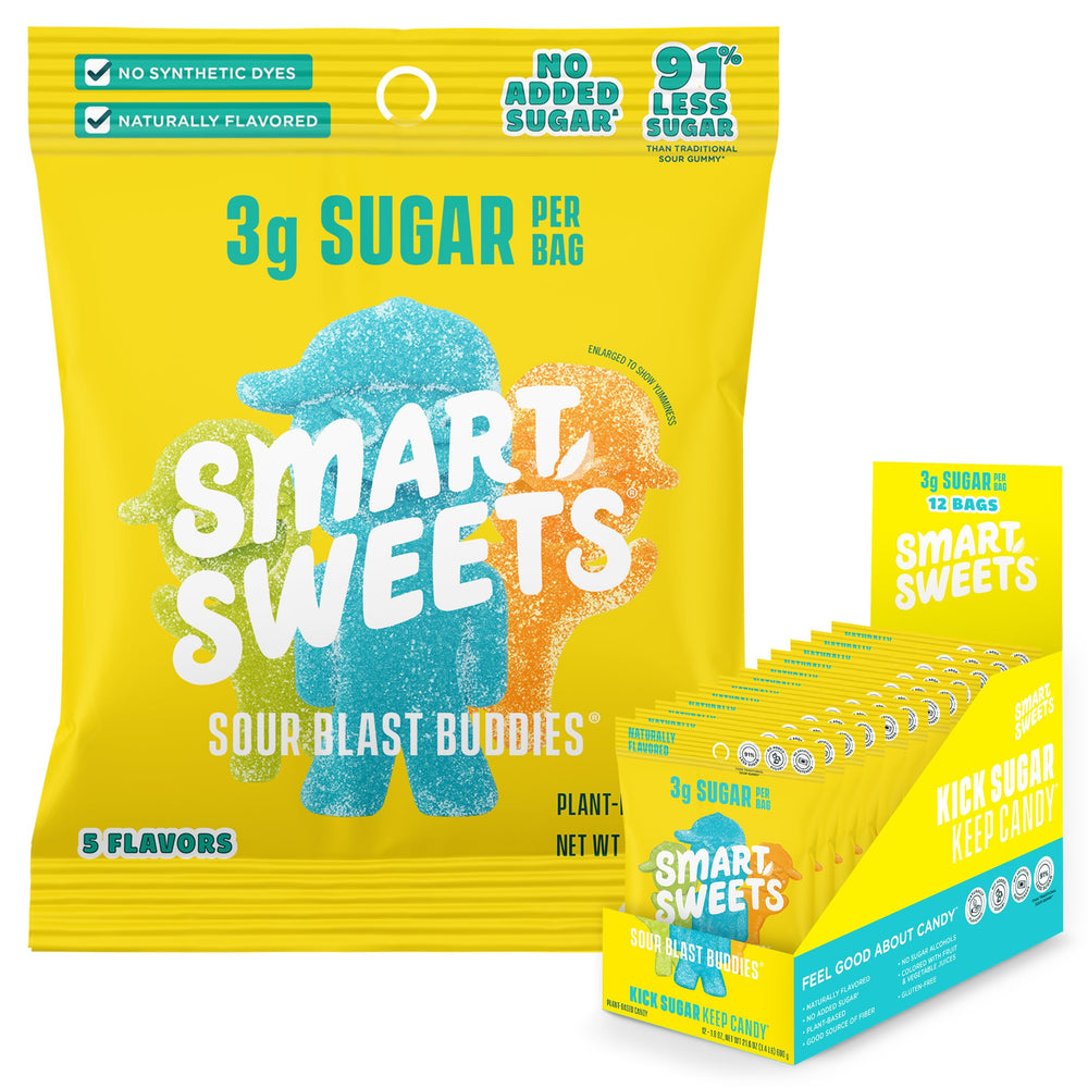 SmartSweets front packaging showing single-serve bag and bright colors benefits easy grab-and-go