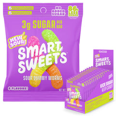 SmartSweets front packaging showing low sugar badge and bright worm graphics