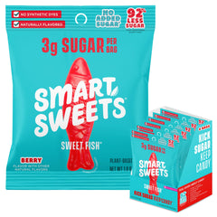 SmartSweets front packaging showing fish-shaped gummies and low sugar benefit