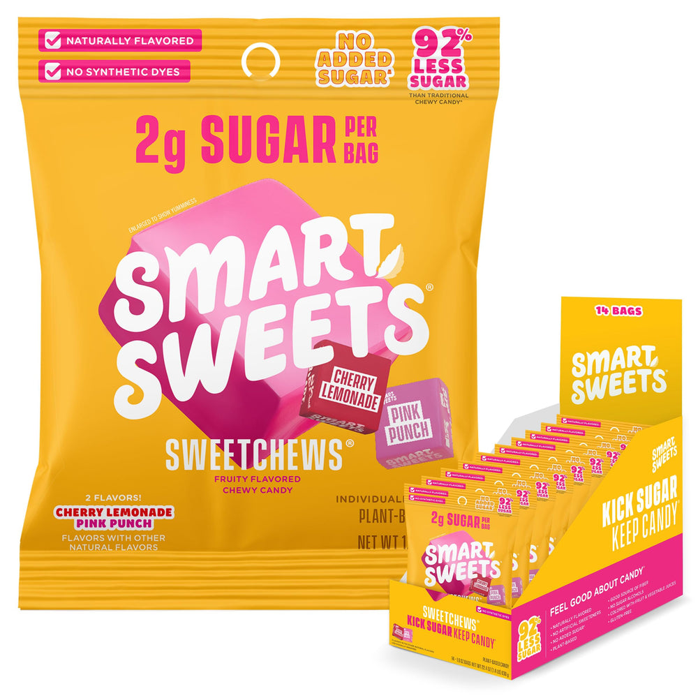SmartSweets front packaging showing low sugar claim and flavors for clear choice