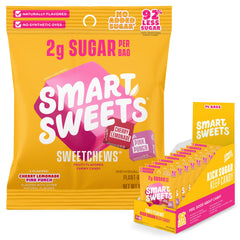 SmartSweets front packaging showing low sugar claim and flavors for clear choice