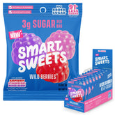 SmartSweets front packaging showing wild berries design and low sugar benefit