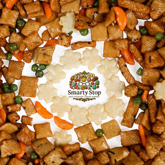 Smarty Stop soy and chili seasonings beside crackers showing authentic savory flavor